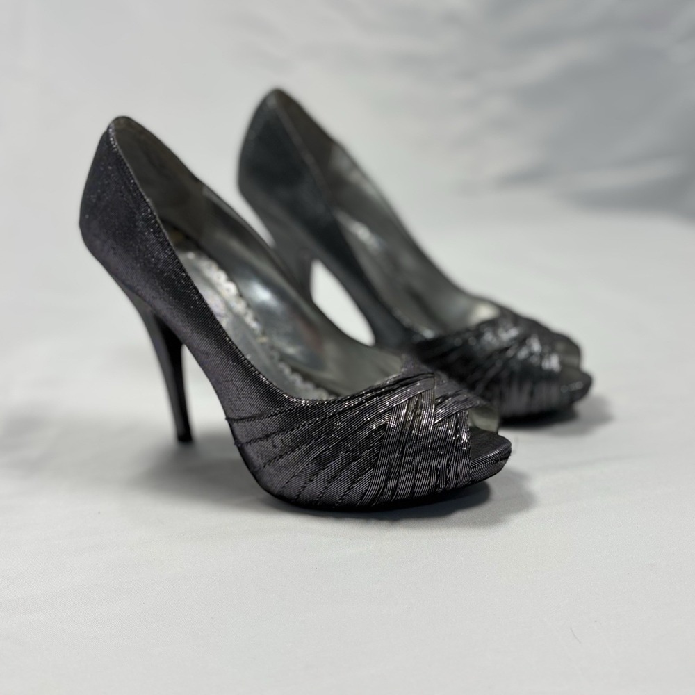 Lulu Townsend Women’s Chrome Glitter Peep Toe Heels Stilettos Size 9